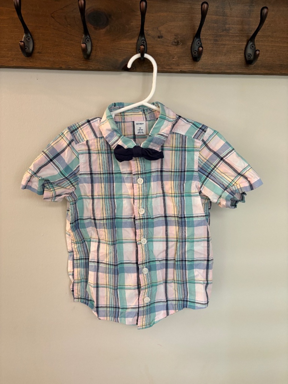 Old Navy Toddler Plaid Shirt 3T Bow Tie Easter Pastel Stretch Button Down
